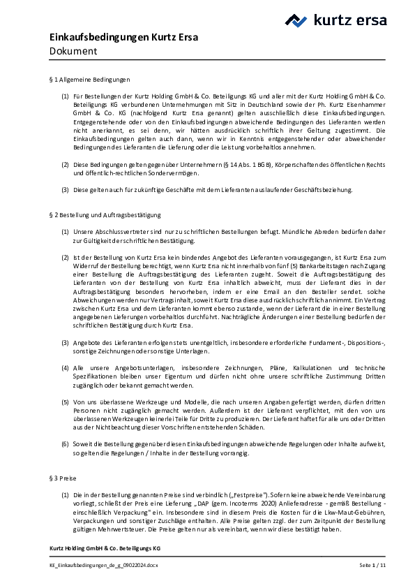 Kurtz Ersa-Einkaufsbedingungen