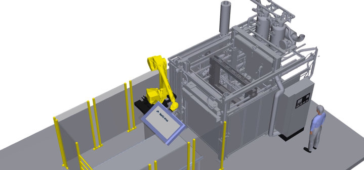 Formteilautomat mit Handling Roboter entnimmt Formteil, Ablage auf Förderband